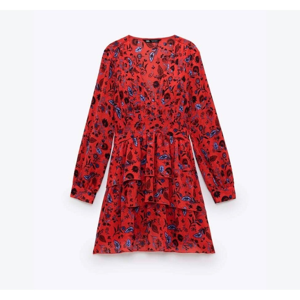 Zara Mini Dress Womens Large Red Floral Tiered V-Neck Long Sleeve Boho